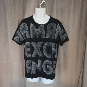 Armani Exchange Size Large Bold Black Tee with Graphic Text